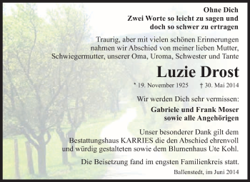 Traueranzeige von Luzie Drost von WVG - Wochenspiegel Quedlinburg