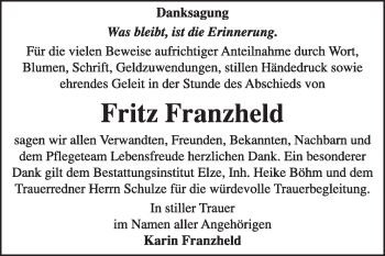 Traueranzeige von Fritz Franzheld von Super Sonntag Dessau / Köthen