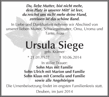Traueranzeige von Ursula Siege von WVG - Wochenspiegel NMB / WSF / ZTZ