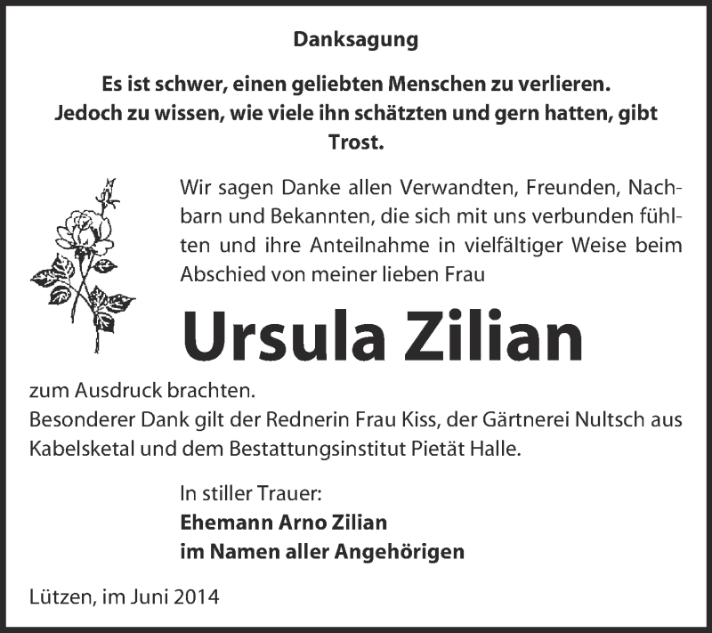  Traueranzeige für Ursula Zilian vom 18.06.2014 aus Super Sonntag Halle