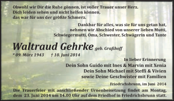 Traueranzeige von Waltraud Gehrke von WVG - Wochenspiegel Quedlinburg