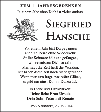 Traueranzeige von Siegfried Hansche von Super Sonntag Wittenberg