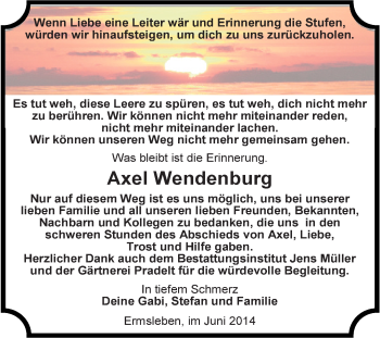 Traueranzeige von Axel Wendenburg von Super Sonntag Aschersleben