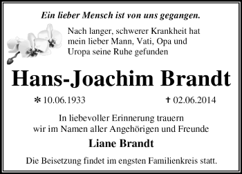 Traueranzeige von Hans-Joachim Brandt von Super Sonntag Dessau / Köthen