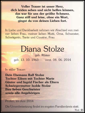 Traueranzeige von Diana Stolze von Mitteldeutsche Zeitung