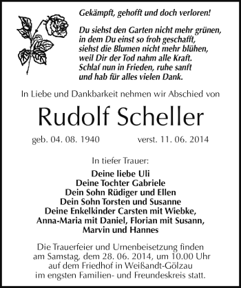 Traueranzeige von Rudolf Scheller von Super Sonntag Dessau / Köthen