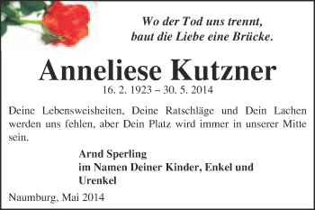 Traueranzeige von Anneliese Kutzner von WVG - Wochenspiegel NMB / WSF / ZTZ