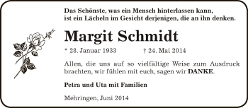 Traueranzeige von Margit Schmidt von Super Sonntag Aschersleben