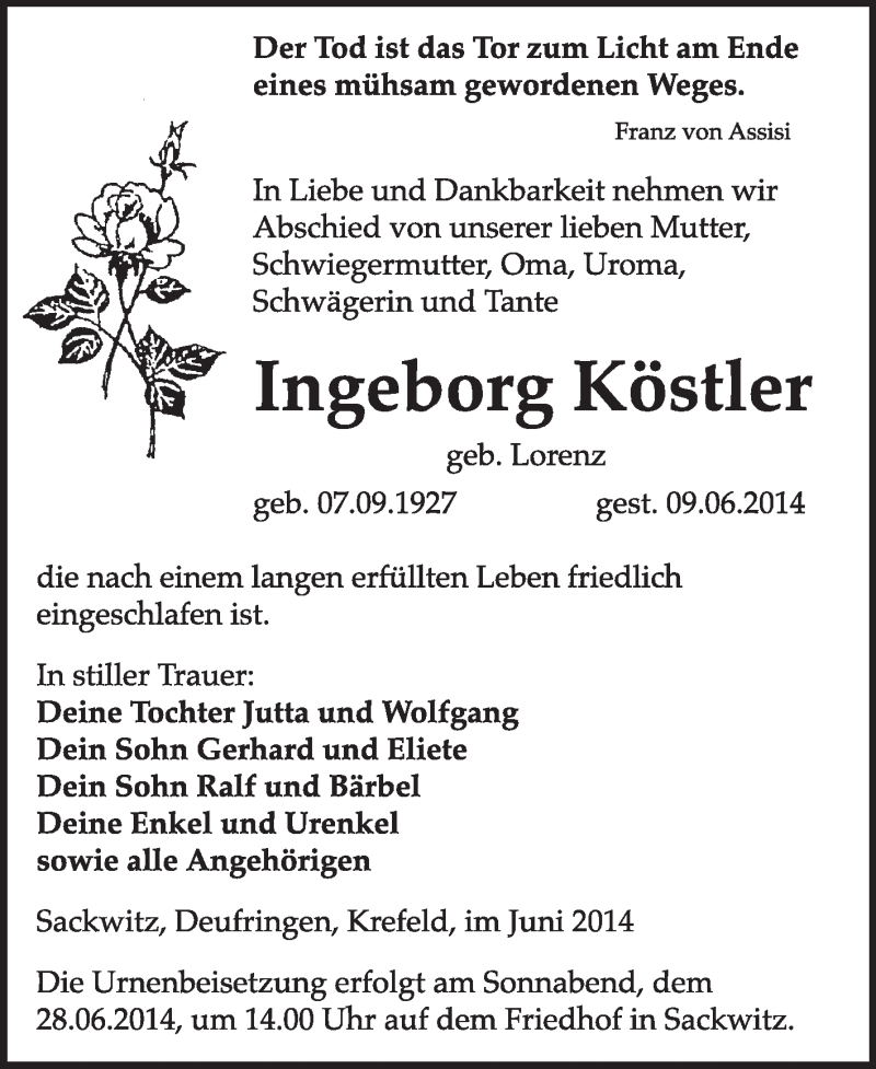  Traueranzeige für Ingeborg Köstler vom 22.06.2014 aus WVG - Wochenspiegel Wittenberg