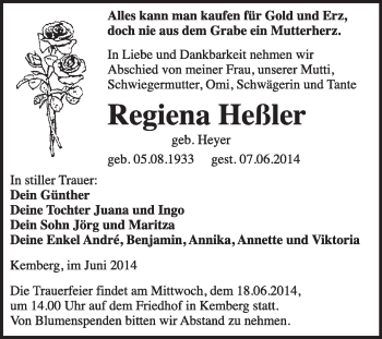 Traueranzeige von Regiena Heßler von WVG - Wochenspiegel Wittenberg