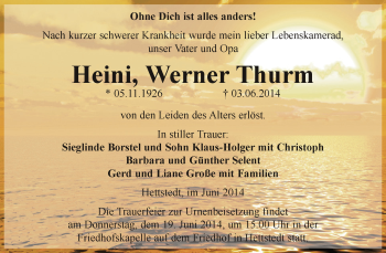 Traueranzeige von Heini Werner Thurm von Super Sonntag SGH Mansf. Land