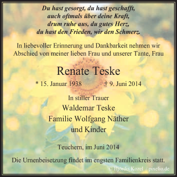 Traueranzeige von Renate Teske von WVG - Wochenspiegel NMB / WSF / ZTZ