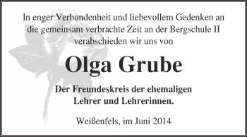 Traueranzeige von Olga Grube von WVG - Wochenspiegel NMB / WSF / ZTZ
