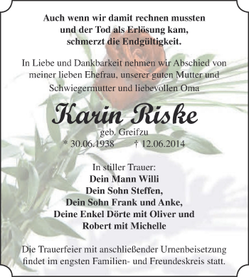 Traueranzeige von Karin Riske von WVG - Wochenspiegel Dessau / Köthen