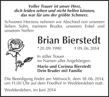 Traueranzeige von Brian Bierstedt von WVG - Wochenspiegel Quedlinburg