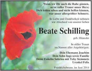 Traueranzeige von Beate Schilling von WVG - Wochenspiegel Quedlinburg