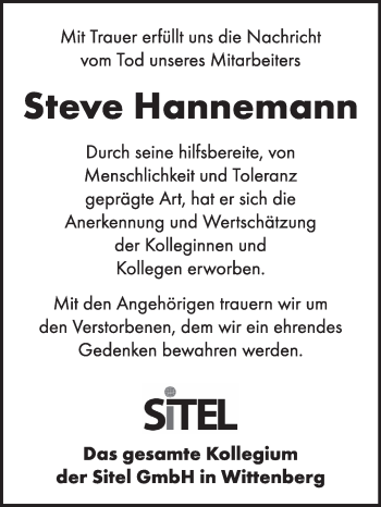Traueranzeige von Steve Hannemann von Super Sonntag Wittenberg