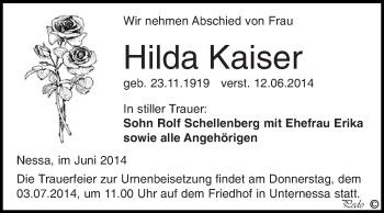 Traueranzeige von Hilda Kaiser von Super Sonntag Zeitz