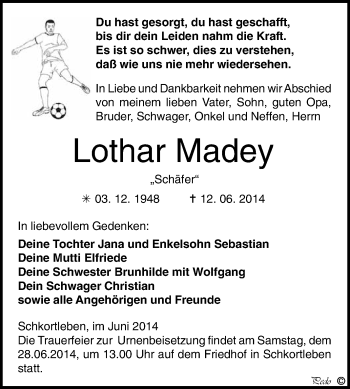 Traueranzeige von Lothar Madey von WVG - Wochenspiegel NMB / WSF / ZTZ