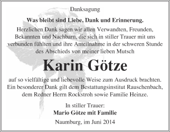 Traueranzeige von Karin Götze von WVG - Wochenspiegel NMB / WSF / ZTZ