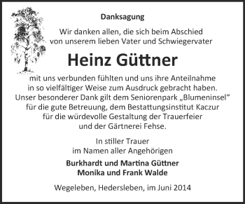 Traueranzeige von Heinz Güttner von WVG - Wochenspiegel Quedlinburg