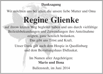 Traueranzeige von Regine Glienke von WVG - Wochenspiegel Quedlinburg