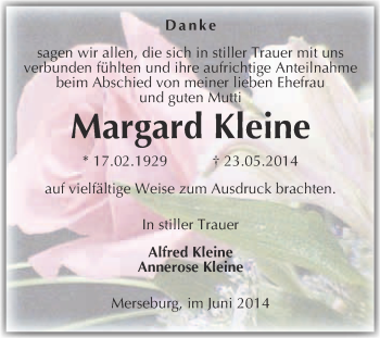 Traueranzeige von Margard Kleine von WVG - Wochenspiegel Merseburg