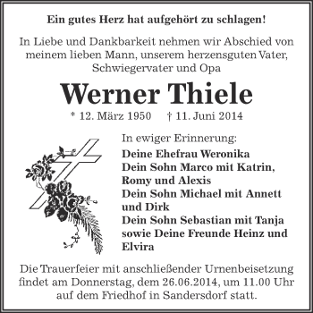 Traueranzeige von Werner Thiele von WVG - Wochenspiegel Bitterfeld