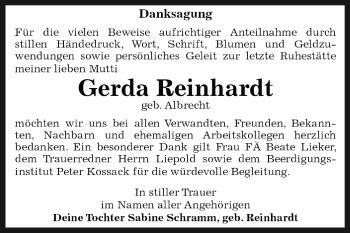 Traueranzeige von Gerda Reinhardt von WVG - Wochenspiegel Dessau / Köthen