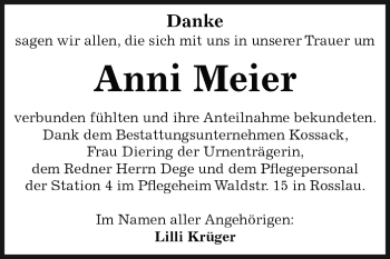Traueranzeige von Anni Meier von WVG - Wochenspiegel Dessau / Köthen