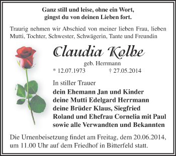 Traueranzeige von Claudia Kalbe von WVG - Wochenspiegel Dessau / Köthen