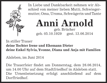 Traueranzeige von Anni Arnold von Super Sonntag Bernburg