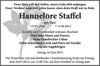 Traueranzeige von Hannelore Staffel von Super Sonntag Dessau / Köthen