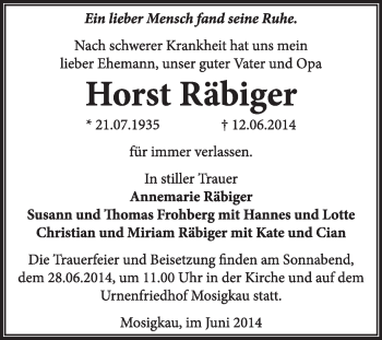 Traueranzeige von Horst Räbiger von Super Sonntag Dessau / Köthen
