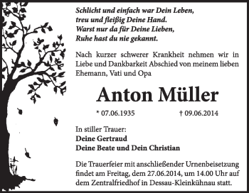 Traueranzeige von Anton Müller von Super Sonntag Dessau / Köthen