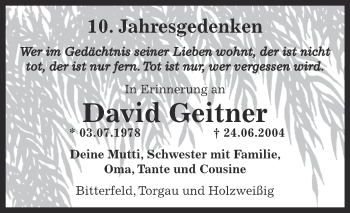 Traueranzeige von David Geitner von WVG - Wochenspiegel Bitterfeld