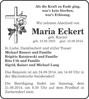 Traueranzeige von Maria Eckert von WVG - Wochenspiegel Bitterfeld