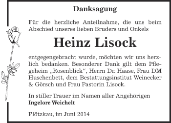 Traueranzeige von Heinz Lisock von Super Sonntag Bernburg