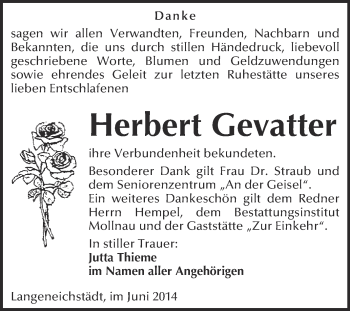 Traueranzeige von Herbert Gevatter von WVG - Wochenspiegel Merseburg