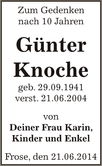 Traueranzeige von Günter Knoche von Super Sonntag Aschersleben
