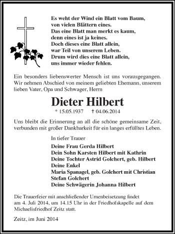 Traueranzeige von Dieter Hilbert von Super Sonntag Zeitz