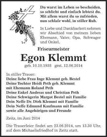 Traueranzeige von Egon Klemmt von Super Sonntag Zeitz