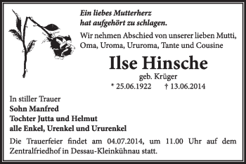 Traueranzeige von Ilse Hinsche von Super Sonntag Dessau / Köthen