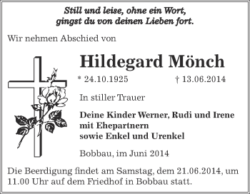 Traueranzeige von Hildegard Mönch von WVG - Wochenspiegel Bitterfeld