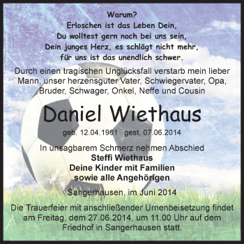 Traueranzeige von Daniel Wiethaus von Super Sonntag SGH Mansf. Land