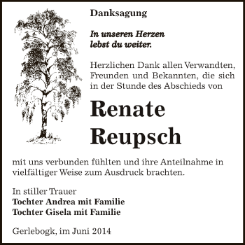 Traueranzeige von Renate Reupsch von Super Sonntag Bernburg