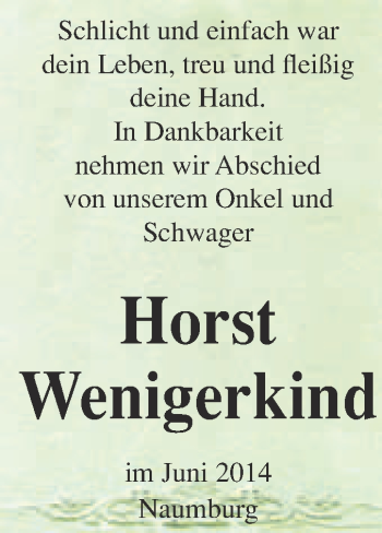 Traueranzeige von Horst Wenigerkind von WVG - Wochenspiegel NMB / WSF / ZTZ