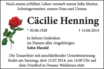 Traueranzeige von Cäcilie Henning von Super Sonntag Dessau / Köthen