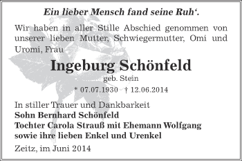 Traueranzeige von Ingeburg Schönfeld von Super Sonntag Zeitz