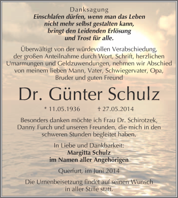 Traueranzeige von Günter Schulz von WVG - Wochenspiegel Merseburg